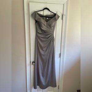 La Femme long gown with Wide V Neck Fold over sleeves in pewter size 4
